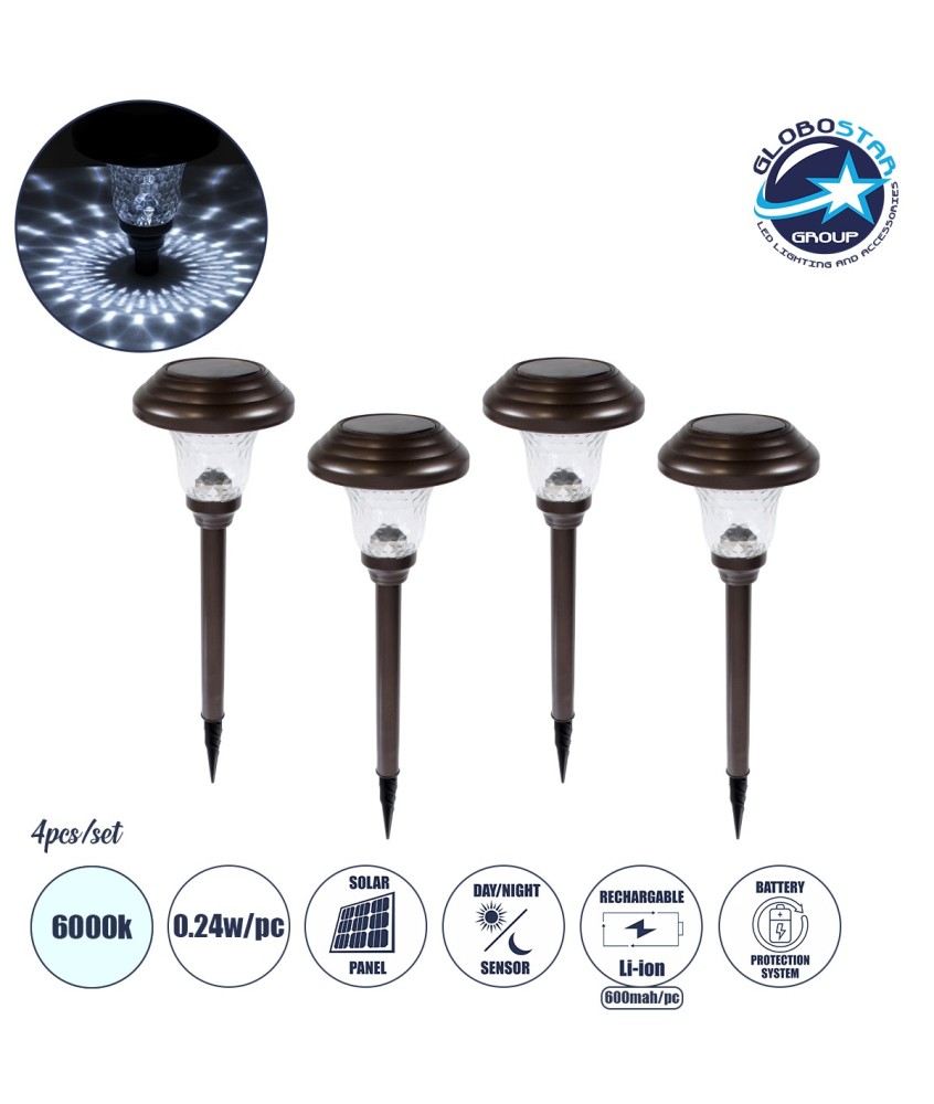 GloboStar® 69927 ΣΕΤ 4 Τεμαχίων Αυτόνομα Ηλιακά Φωτιστικά LED SMD 0.24W-Τεμ. 24lm-Τεμ. με Ενσωματωμένη Μπαταρία 600mAh - Φωτοβολταϊκό Πάνελ με Αισθητήρα Ημέρας-Νύχτας Αδιάβροχο IP65 Φανάρι Κήπου Στρογγυλό Ψυχρό Λευκό 6000K Φ12 x Υ23cm